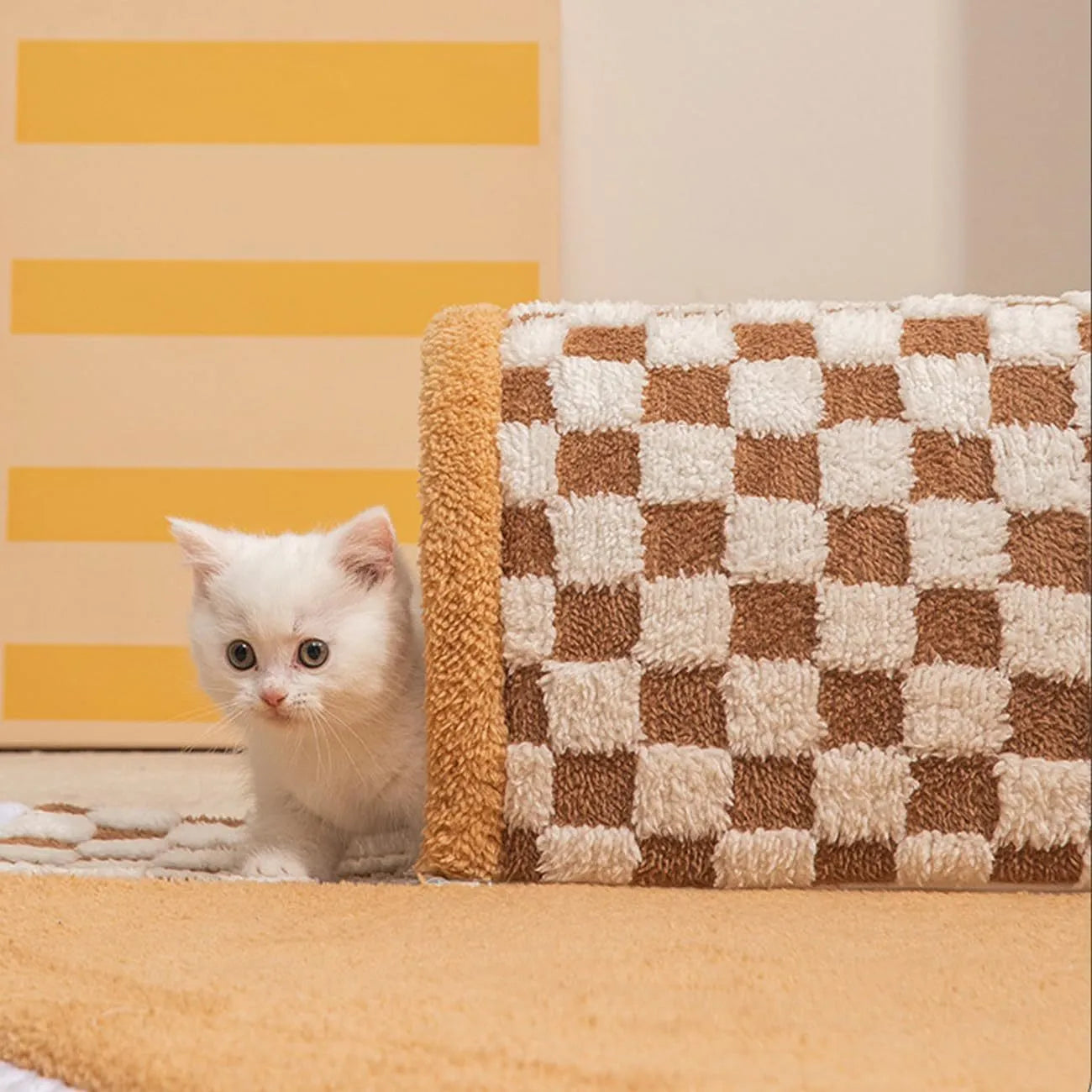 Coffee coloured plush dog and cat bed with integrated tunnel, shown in a fan-shaped plaid design