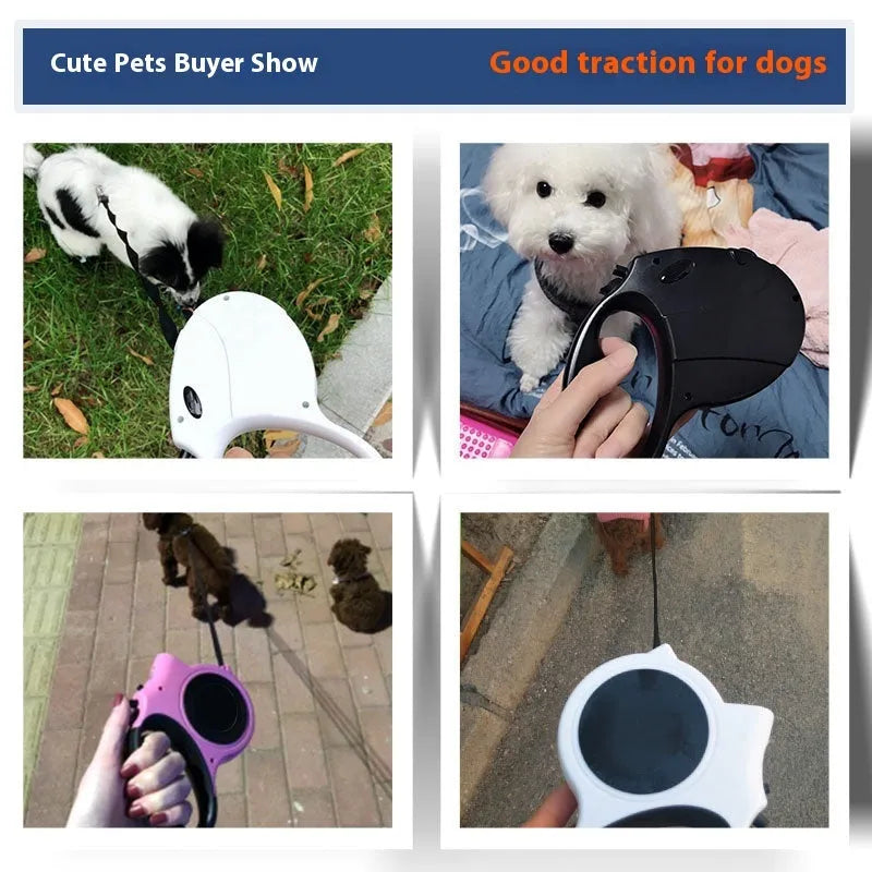 5m retractable dog lead with ABS casing and hand holding rope, available in pink black white red and electronic light styles