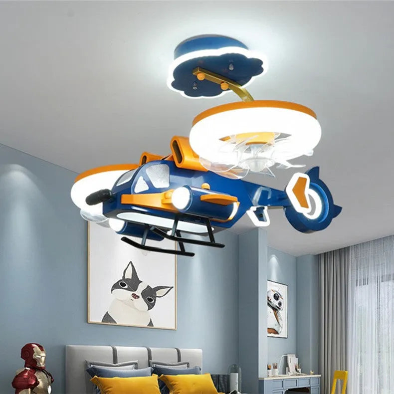 Smart Fighter Boy ceiling fan light with metal blades and acrylic lampshade, yellow and blue colour scheme for large bedrooms