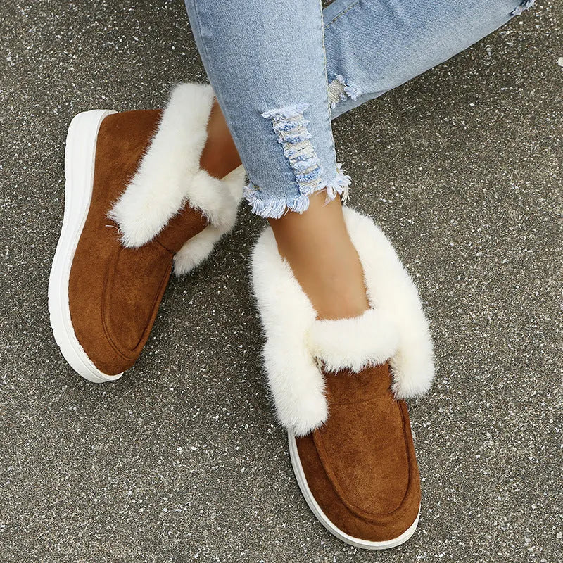 Women's snow boots ankle boots suede upper plush fur lining black colour low heel round toe