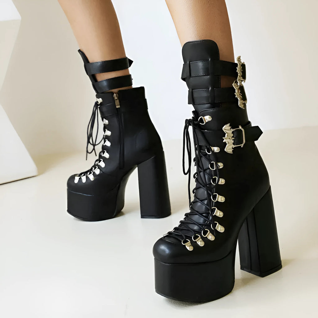 Black platform thigh-high boots with block heel and front lacing, square toe, sizes 35-46.