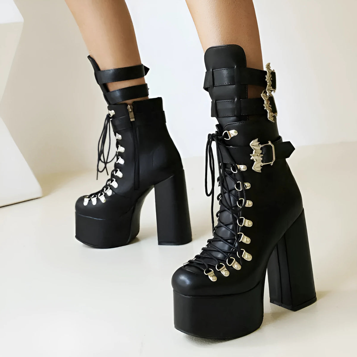 Black platform thigh-high boots with block heel and front lacing, square toe, sizes 35-46.