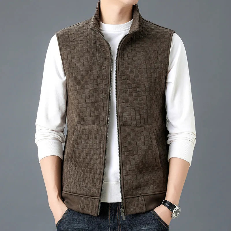 Sleeveless waistcoat vest in polyester blend fabric available in black, brown, grey, and khaki colours