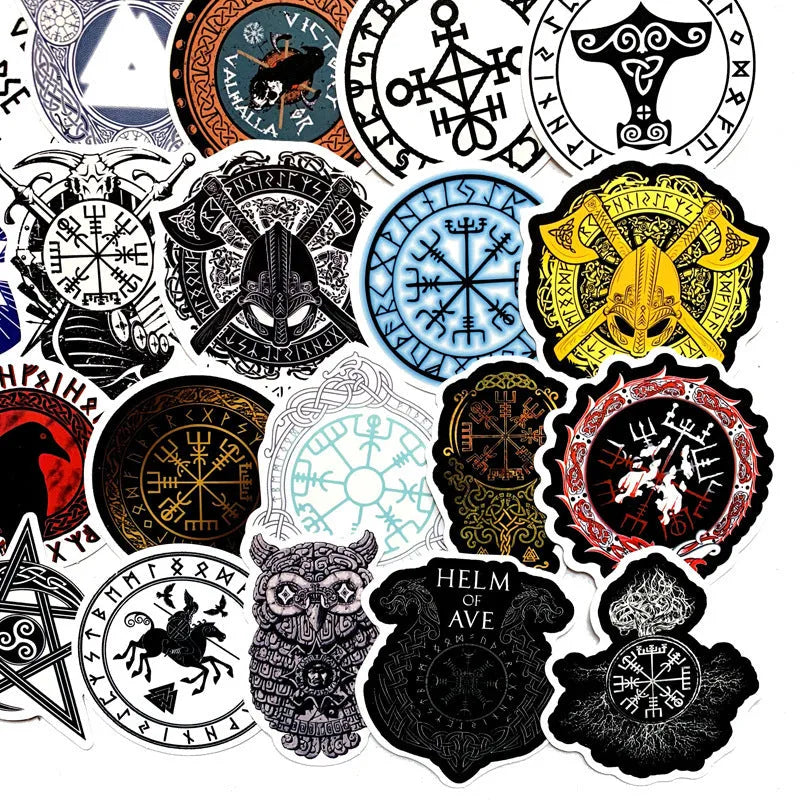Ancient rune PVC sticker set with 50 irregular shaped graffiti-style decals in colour for luggage and smooth surfaces
