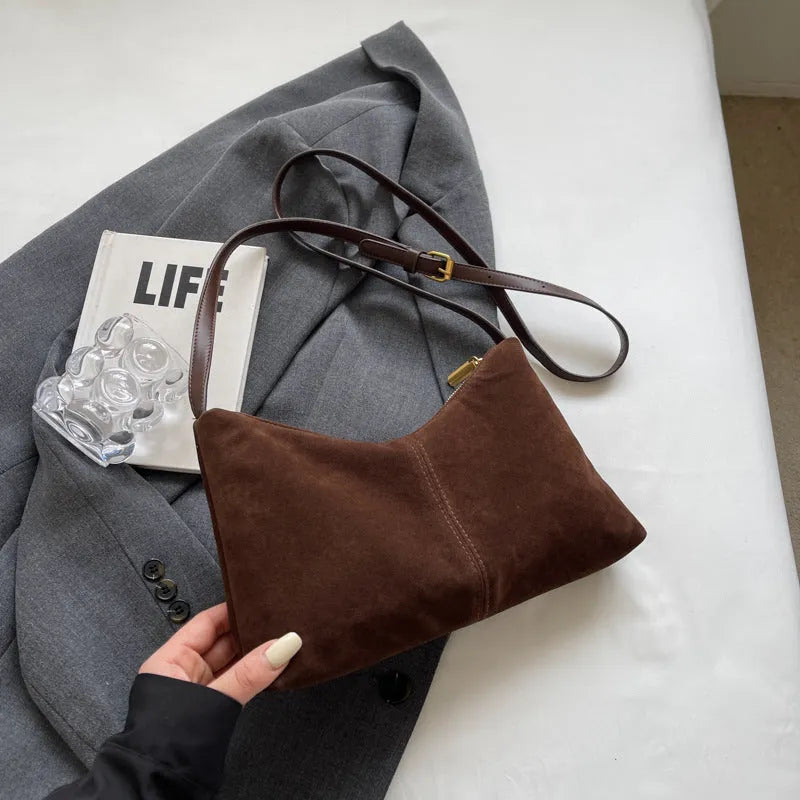 Retro soft PU underarm bag bucket shape with sandwich pocket sewing line detail black brown coffee colours