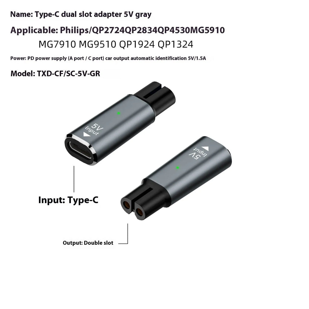 Black USB C charging adapter for electric shavers with 4.3V 8W output.