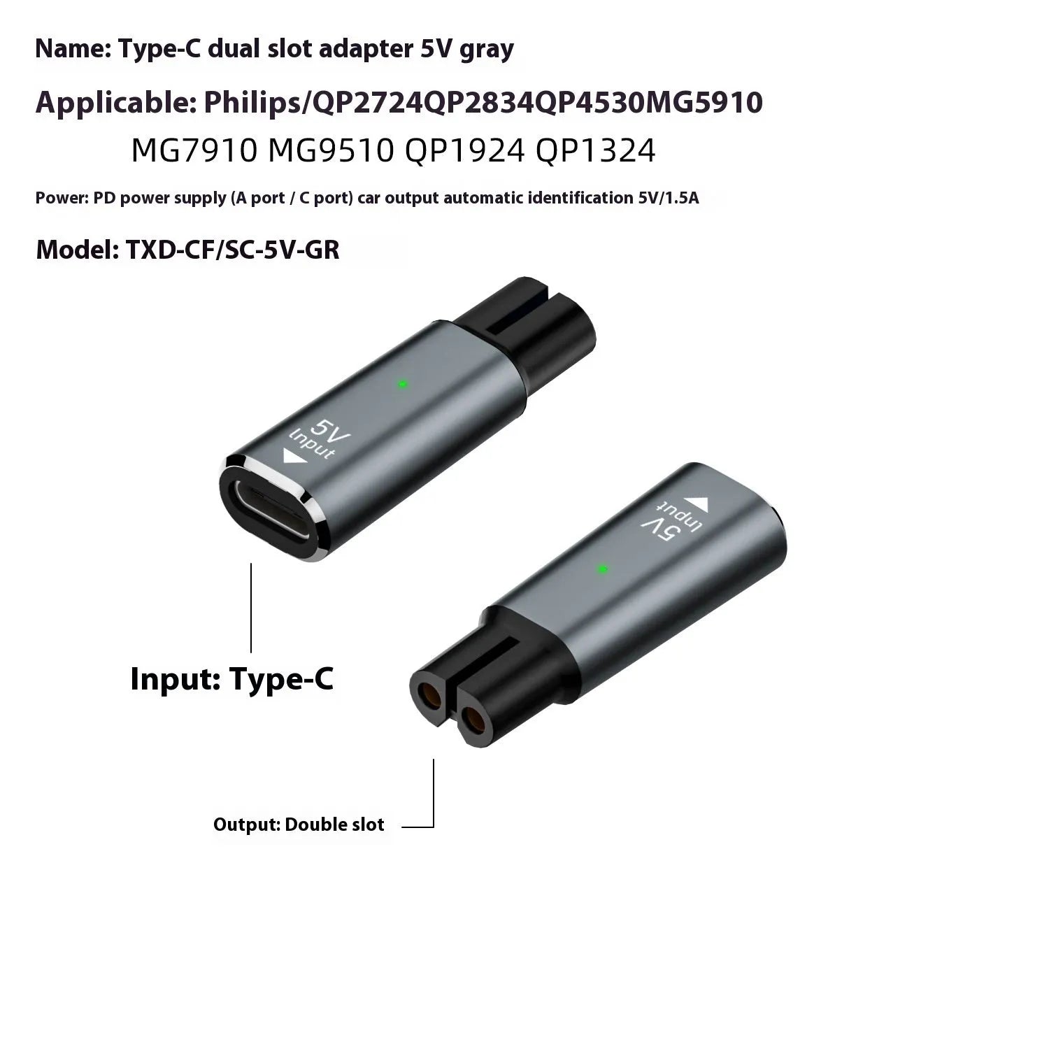 Black USB C charging adapter for electric shavers with 4.3V 8W output.
