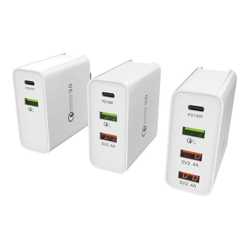 White fast charge USB wall charger with multiple ports including PD and QC
