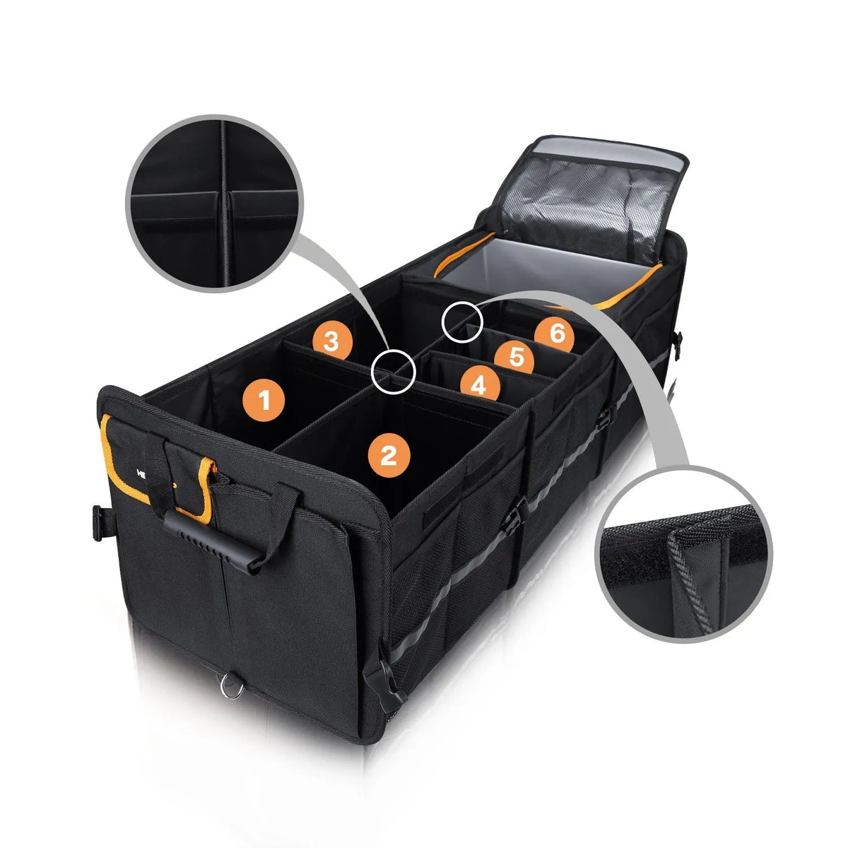 Black Oxford cloth folding car boot storage box with handle and roller, 89x36.8x31.8cm