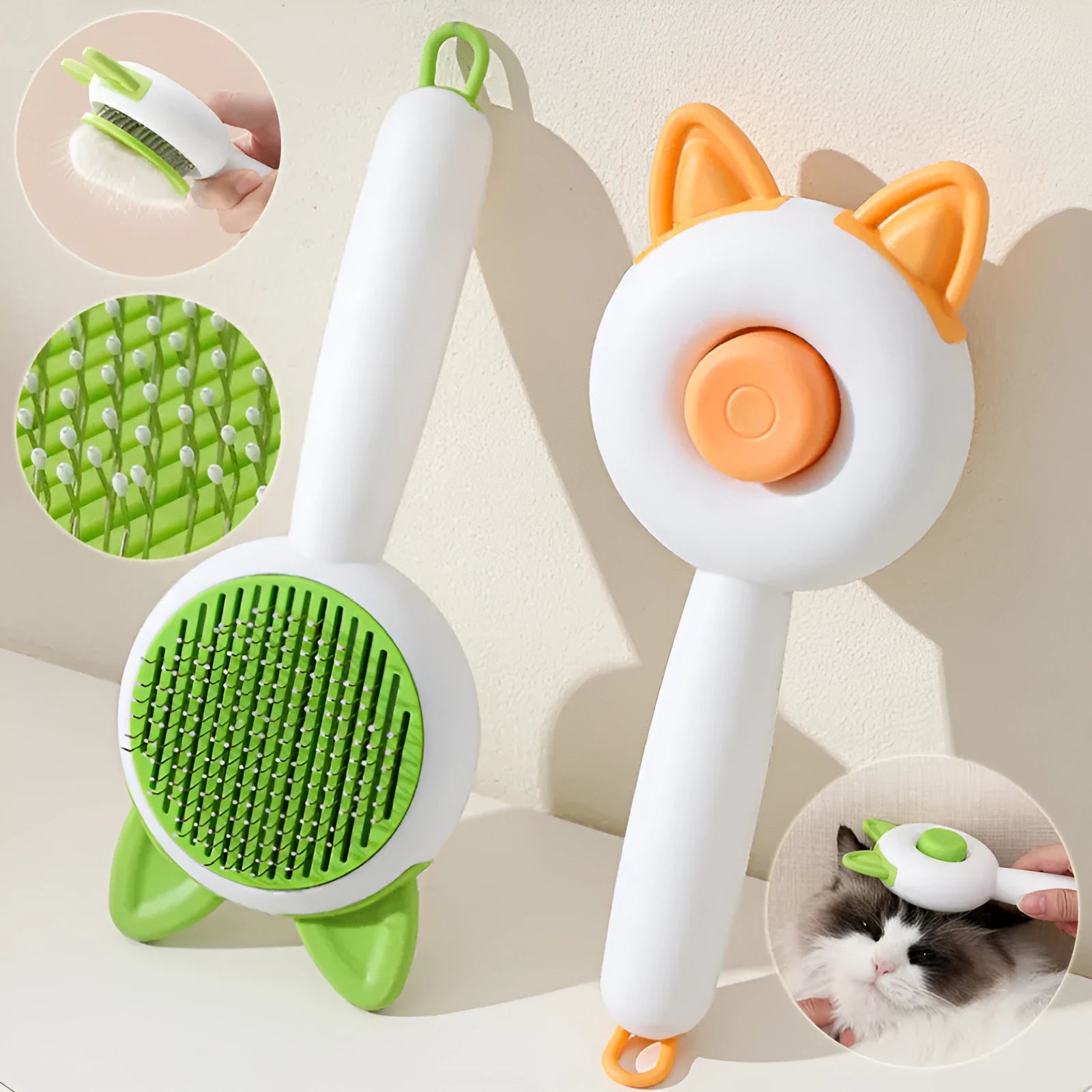 Self-cleaning pet dematting comb with stainless steel pins in greenish white and orange white colour options
