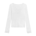 White V-neck long sleeve top with lace stitching and brushed finish, slim fit, sizes S-XL.