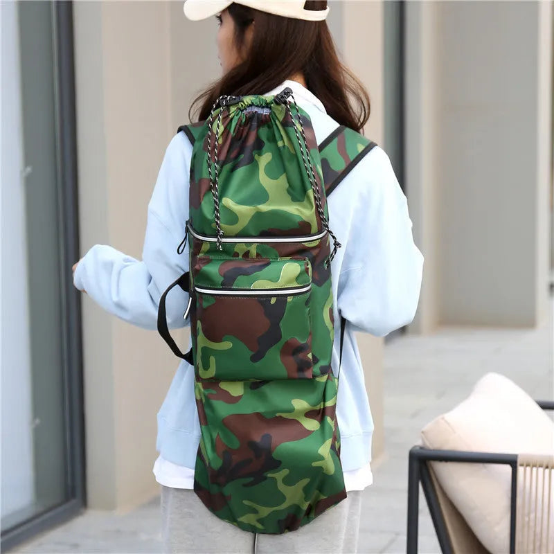 Waterproof nylon skate bag shown in camouflage colour with skateboard carrying capacity