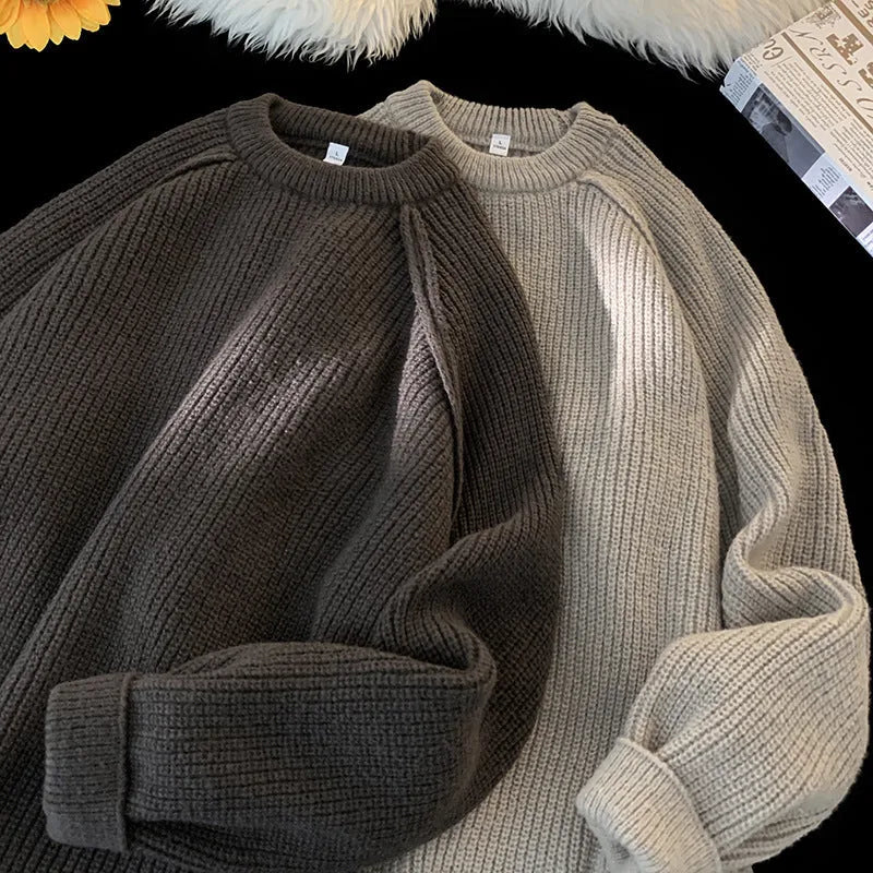 Men's loose casual long sleeve pullover sweater in black, brown, and greige colours, 100 percent polyester