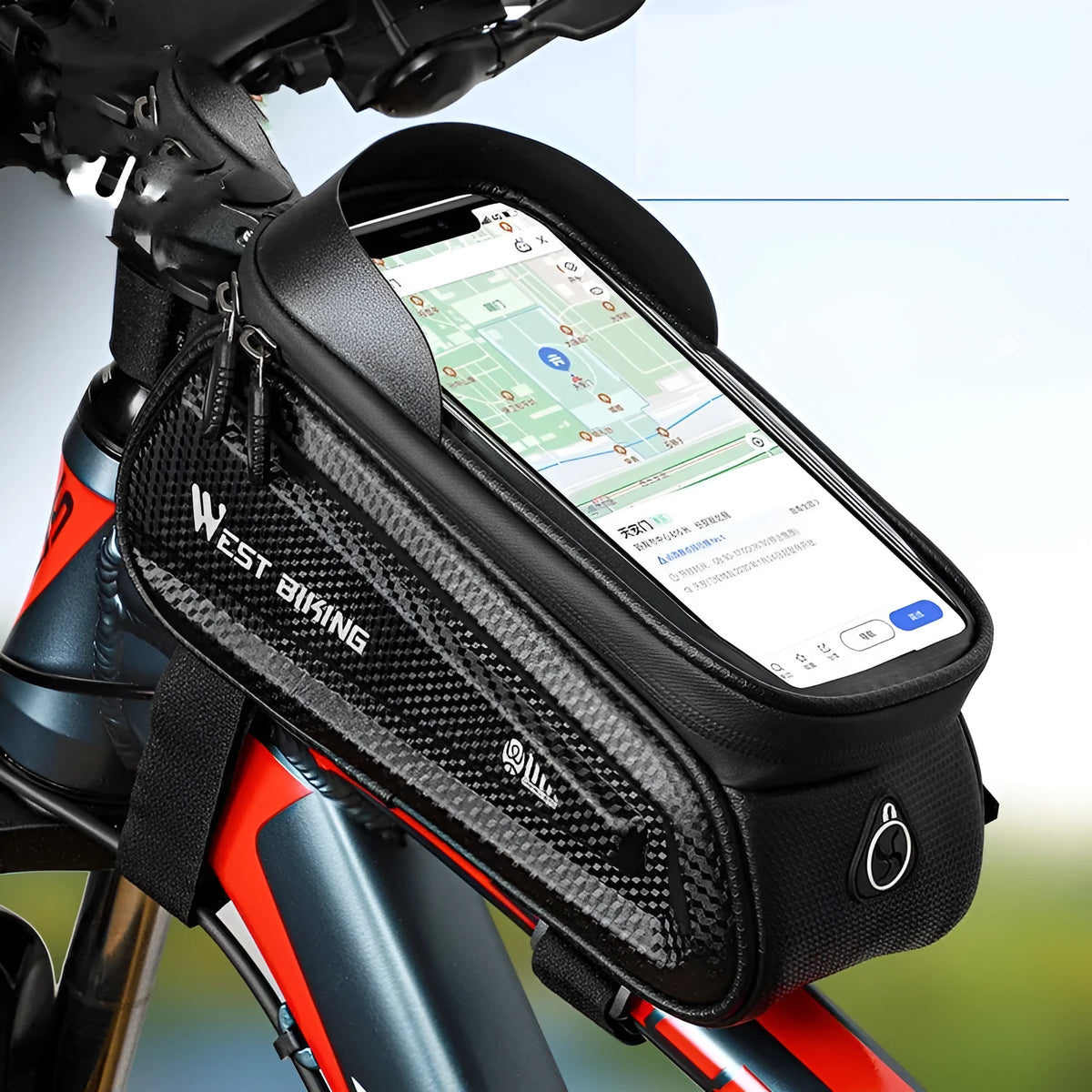 Black EVA bicycle saddle bag for touch screen phone storage, 1.6L capacity