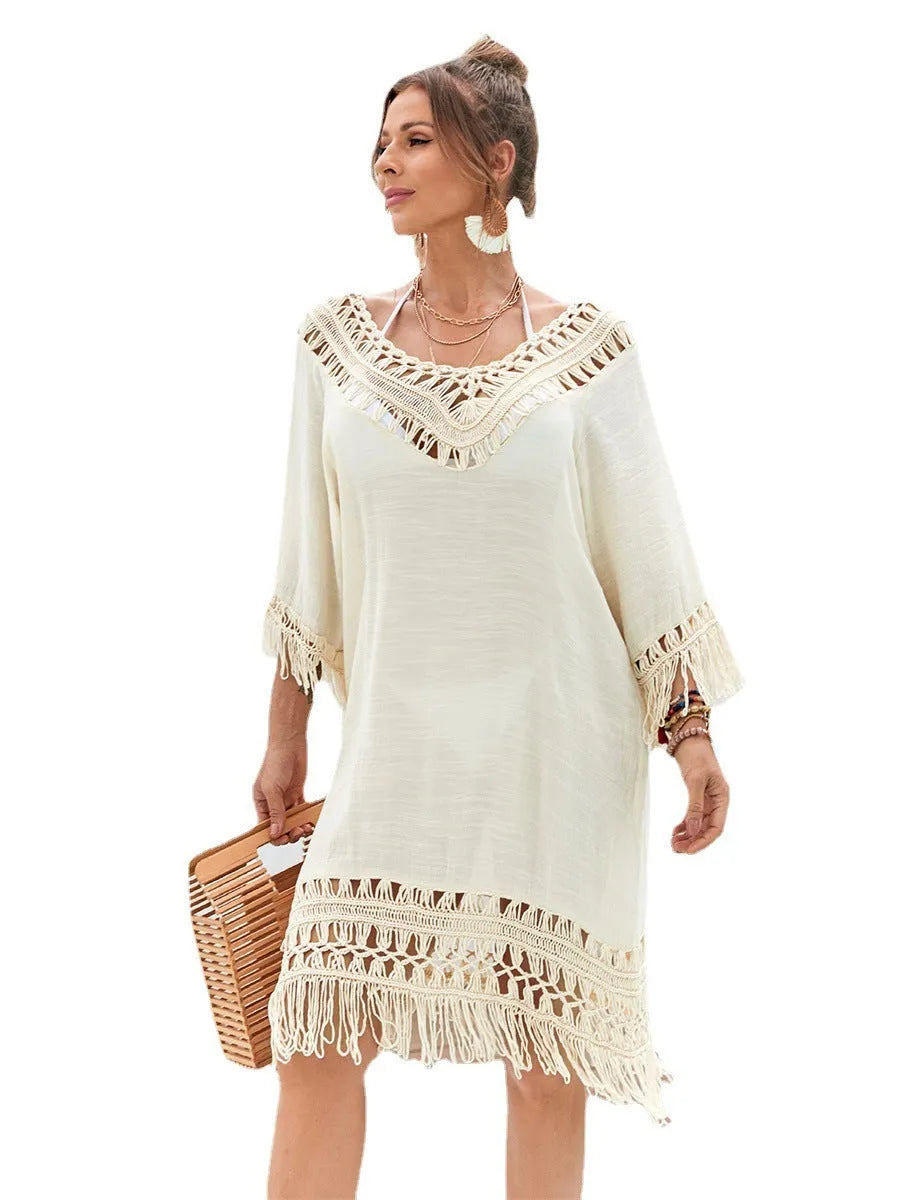 Apricot hand-crocheted women's beach dress for swimming and beach cover-up