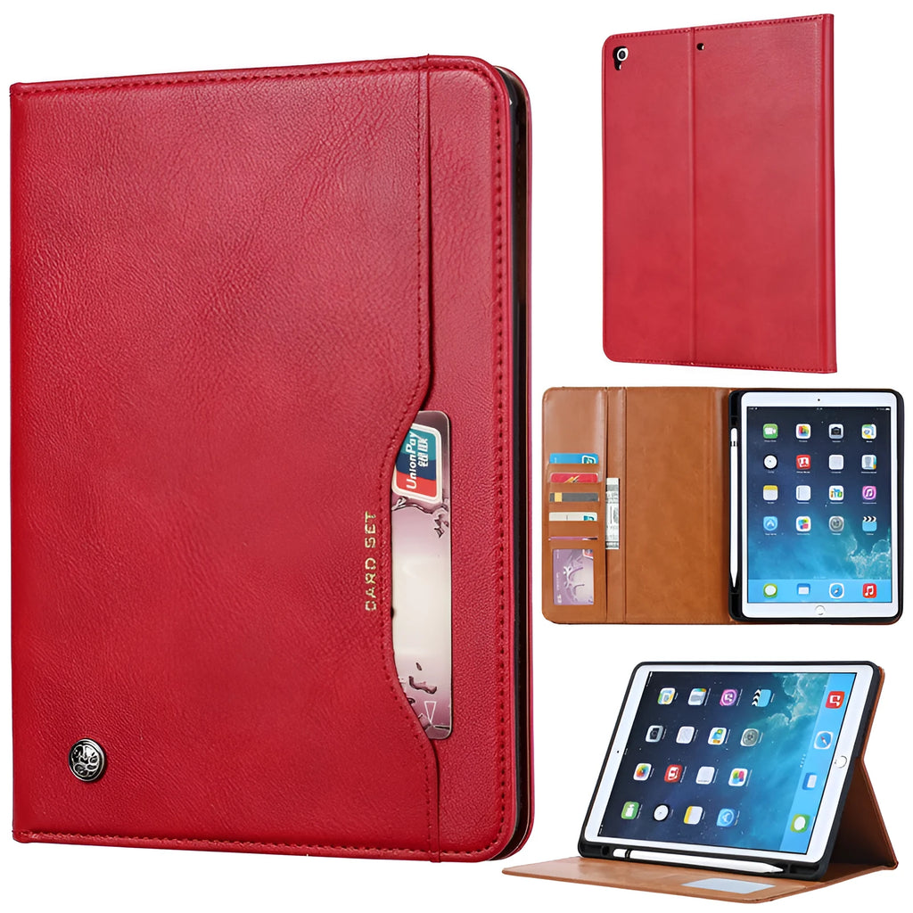 Classic black imitation leather flip cover for an Apple iPad, shown in a business style.