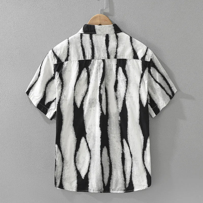 Retro striped cotton short sleeve shirt in black and brown colours with loose fit