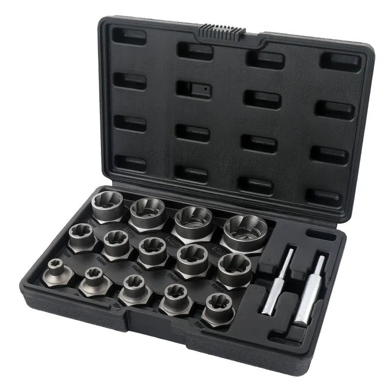 33-piece reverse tooth screw extractor set in chrome molybdenum steel with universal joint