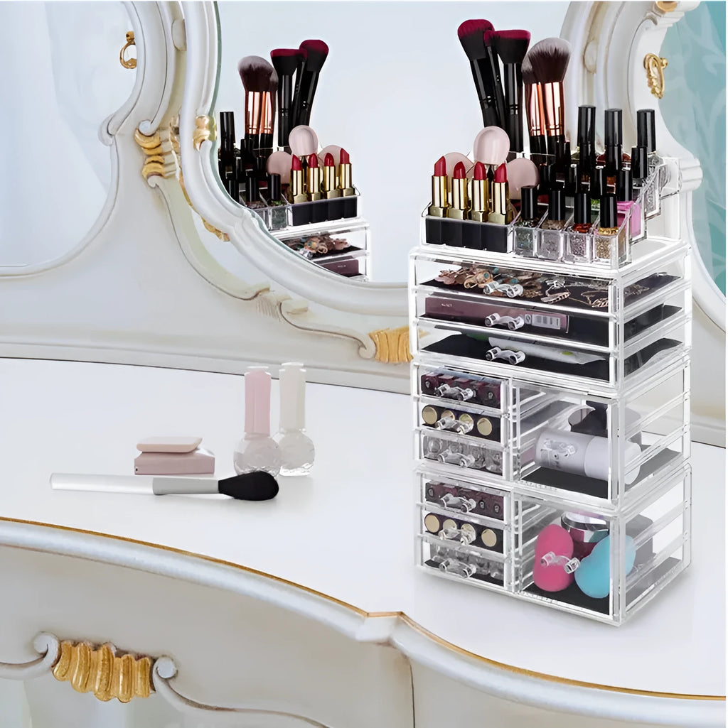 Three-layer acrylic cosmetics storage box in transparent colour showing stacked compartments