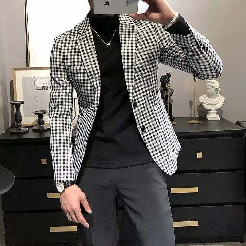 Black and white plaid slim-fit youth fashion jacket with cotton blend fabric, front view, sized M to 2XL