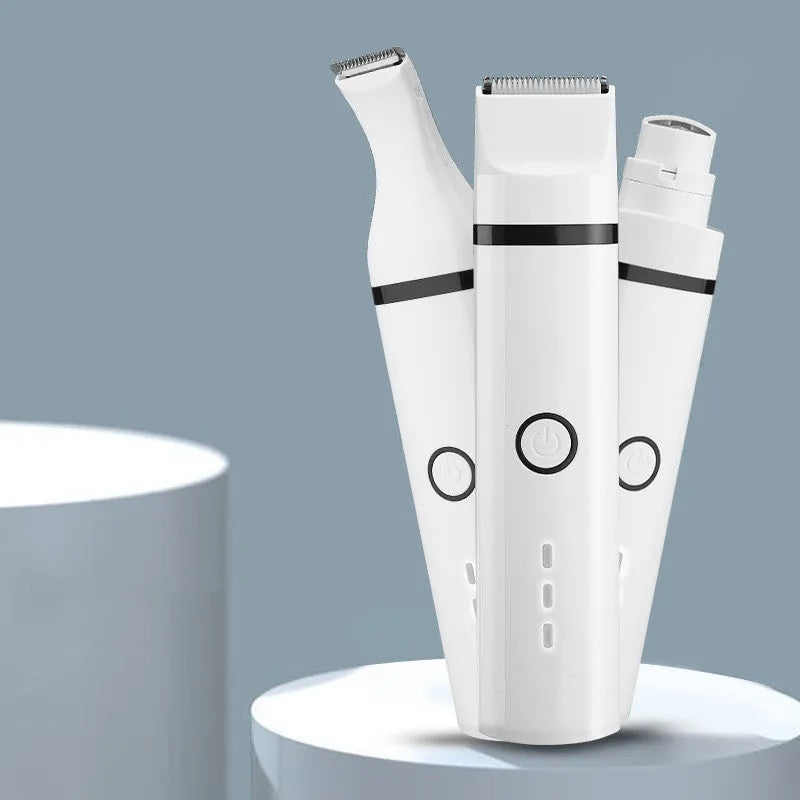White pet shaving device for dogs with stainless steel blade, USB cable, three cutter heads, cleaning brush and oil