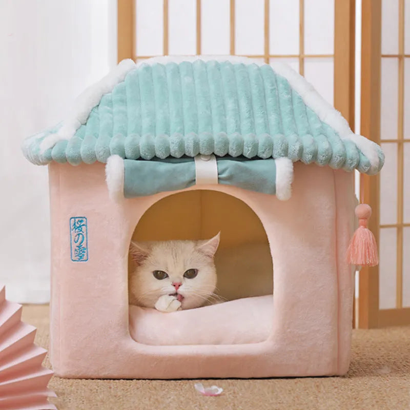 Enclosed cat house villa S size 38x33x41cm with removable washable bed, Tibetan blue curtain option