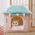 Enclosed cat house villa S size 38x33x41cm with removable washable bed, Tibetan blue curtain option
