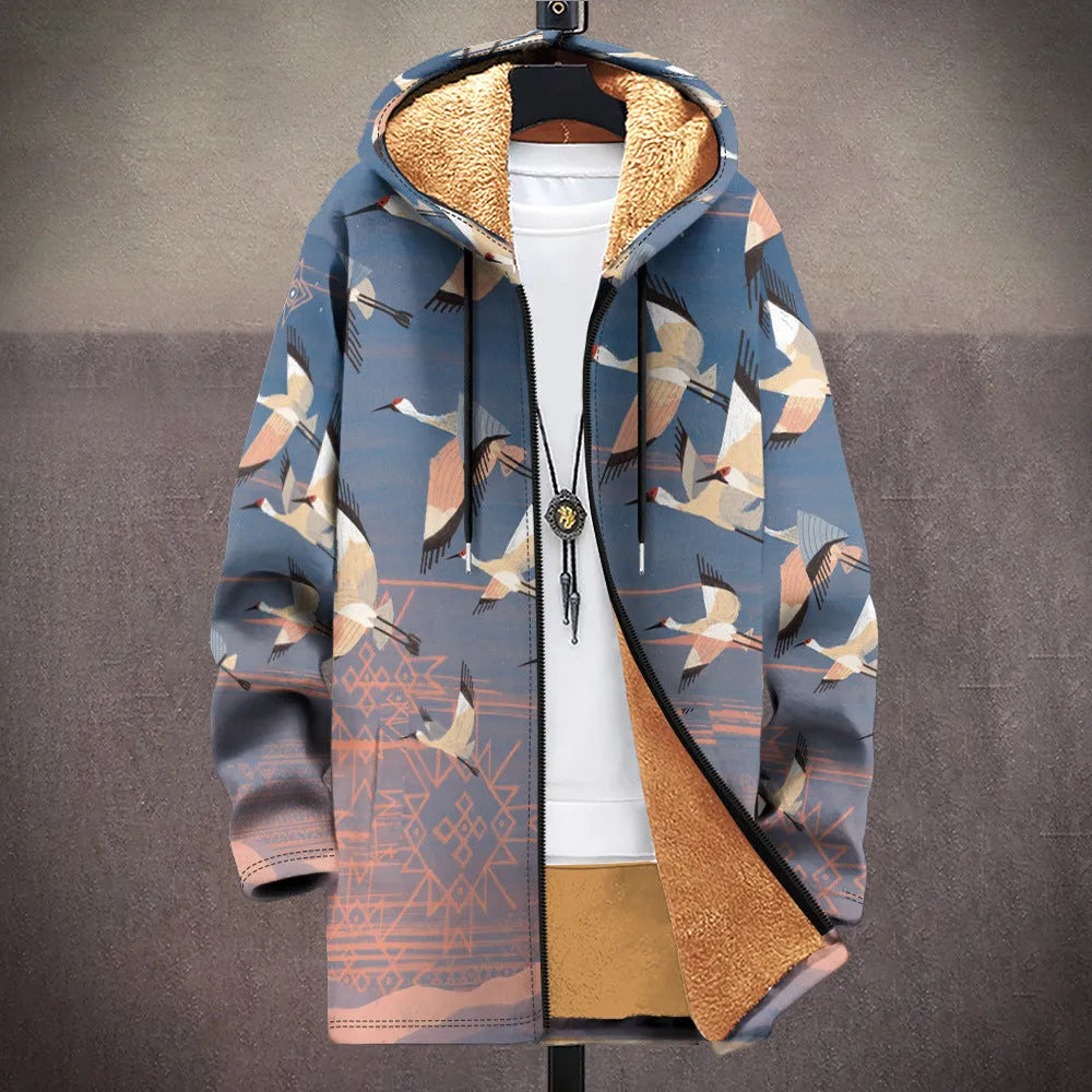 Men's zip-front hooded cardigan with multicolour digital printed pattern in loose fit