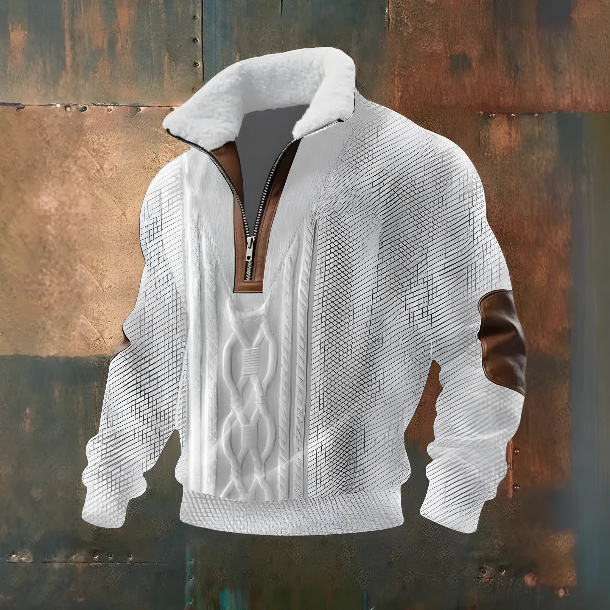 Men's hooded sweatshirt with detachable fur collar and digital print in a loose pullover fit