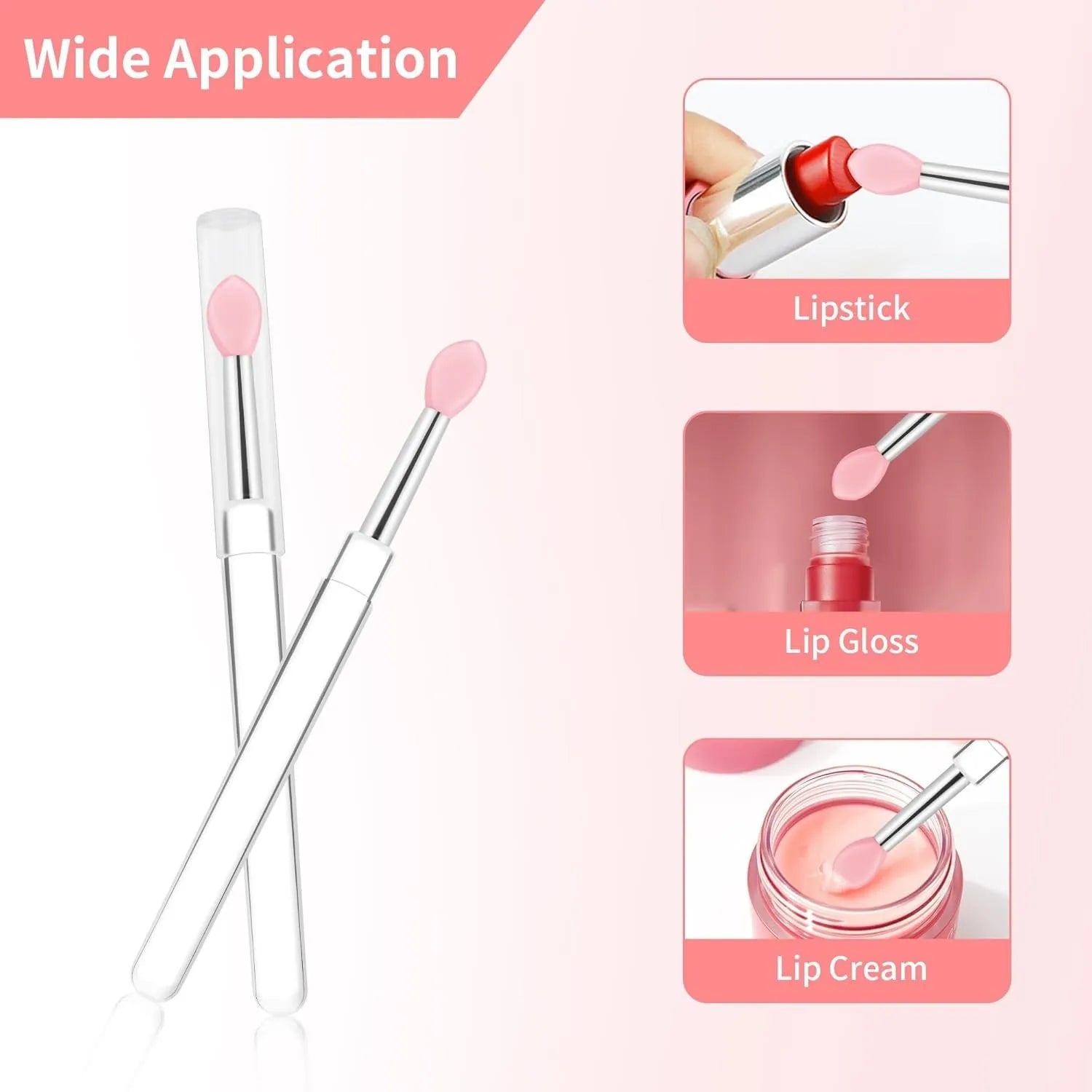 Set of four reusable silicone lip brushes with caps in assorted colours.