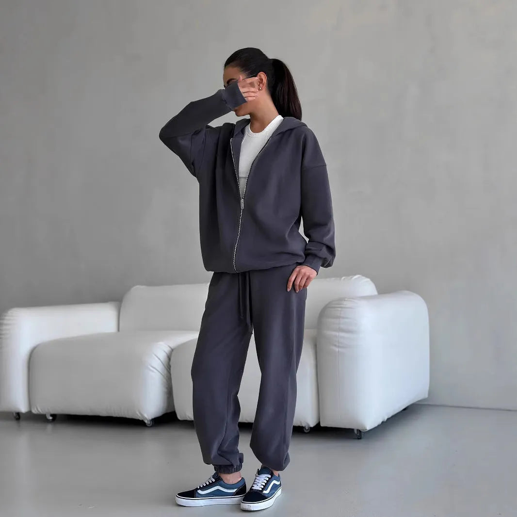 Street style long-sleeved coat and trousers two-piece set in solid colour polyester