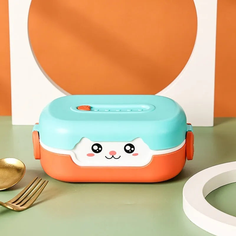 Square divided plastic lunch box with cartoon design elements in multiple colour options