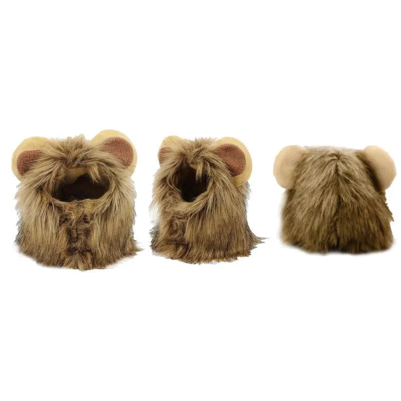 Lion mane wig for cat on pet with plush ears and fluffy artificial hair, showing adjustable elastic band.