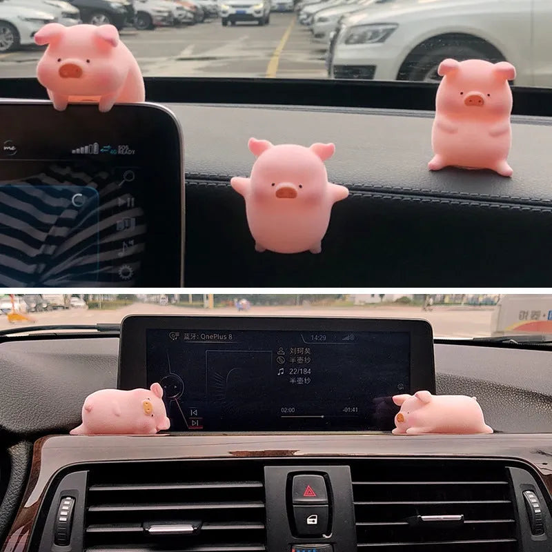 Cartoon pig resin car decoration accessory on vehicle dashboard