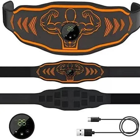 Smart massage belt with EMS technology showing blue and orange colour options