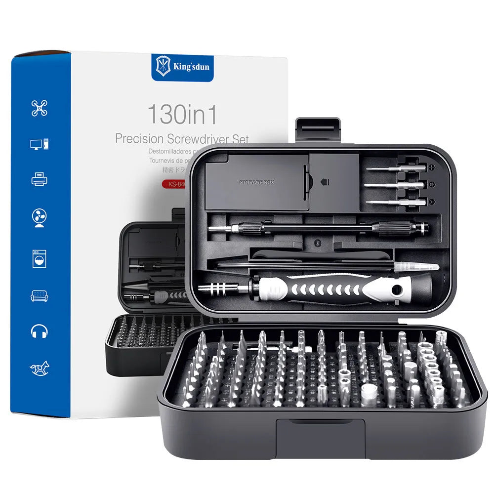 130 In 1 precision screwdriver tool set in orange and blue case with CRV bits