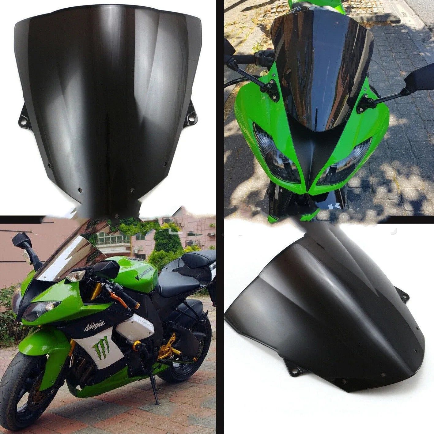 Transparent blue and brown motorcycle windscreen for Kawasaki ZX-6R and ZX-10R sportbikes.