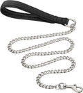 Black heavy duty metal dog chain leash with a soft blue padded handle, shown at full 120cm length.