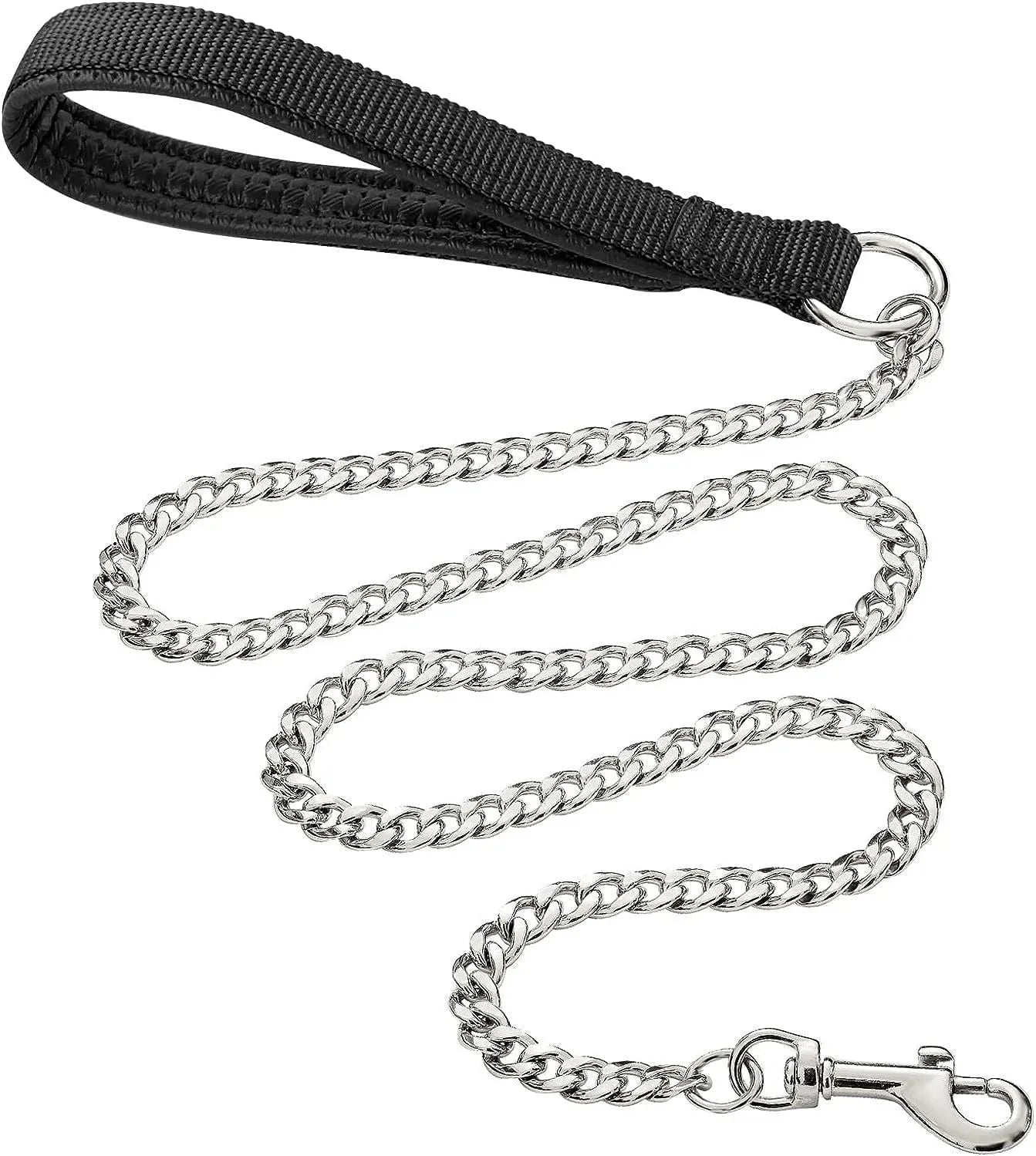 Black heavy duty metal dog chain leash with a soft blue padded handle, shown at full 120cm length.