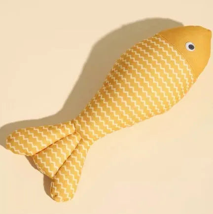 Yellow soft fabric cat toy shaped like a fish, a catnip-filled toy for feline play.