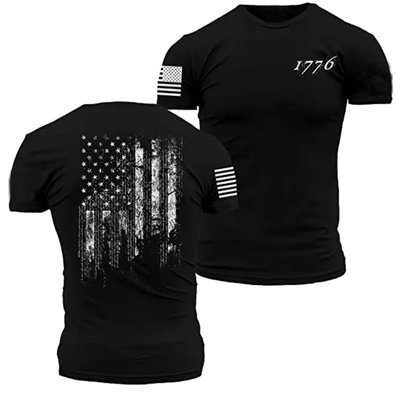 American Acid 1776 US Flag men's short sleeve polyester T-shirt in black, front view