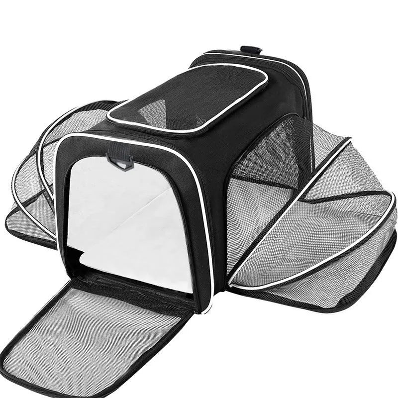 600D cation fabric cat carrier bag in black with red piping, showing medium-soft construction and large capacity design
