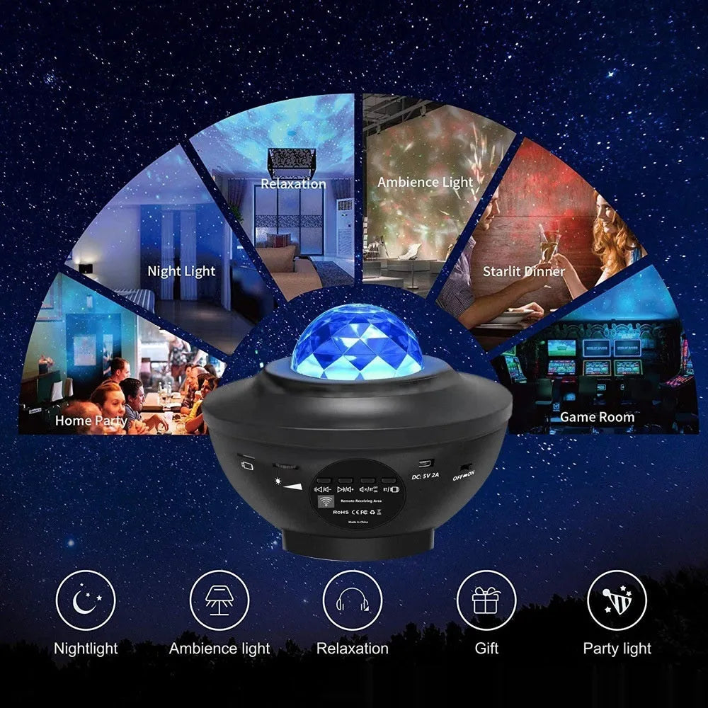 Black parallel style starry sky projection lamp with Bluetooth and remote control on a desktop