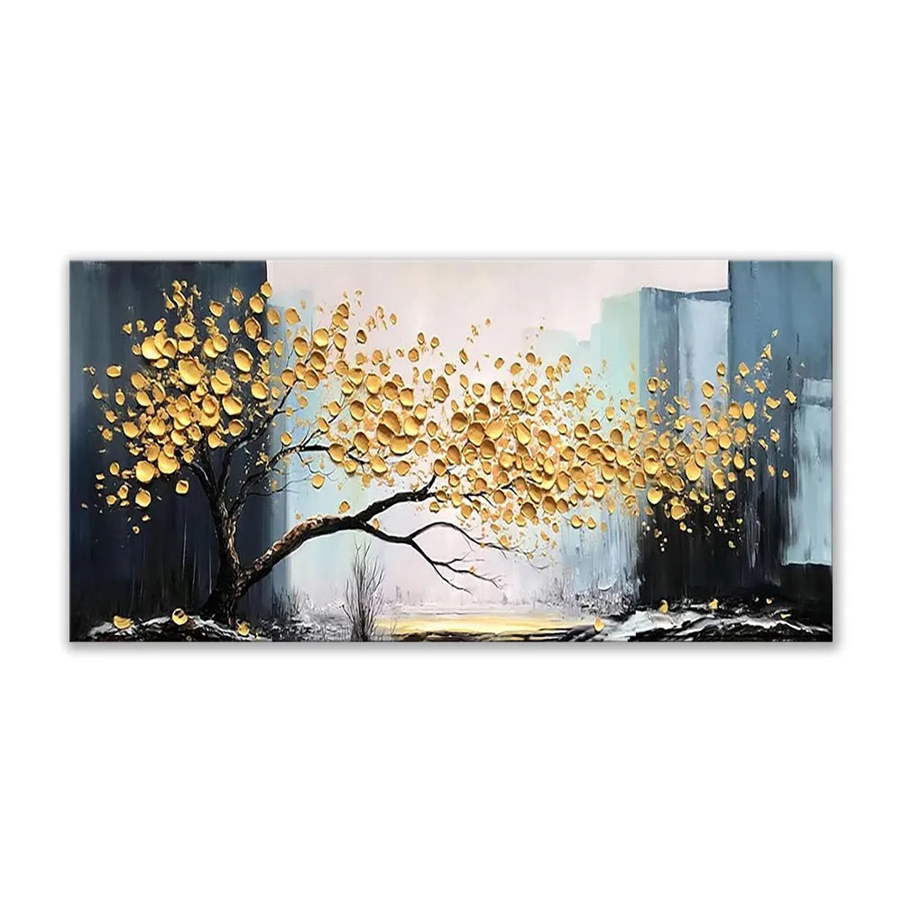 Large handmade oil painting on canvas of a golden tree still life, unframed horizontal single panel for modern wall decor