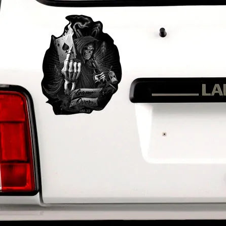 Black reflective skull spades playing card car sticker on vehicle body