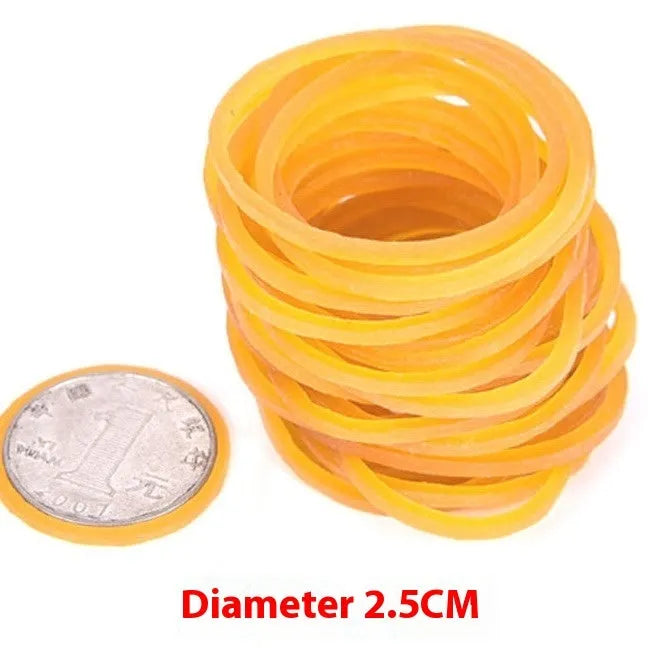 Bulk pack of assorted yellow rubber bands in sizes from 16mm to 70mm diameter