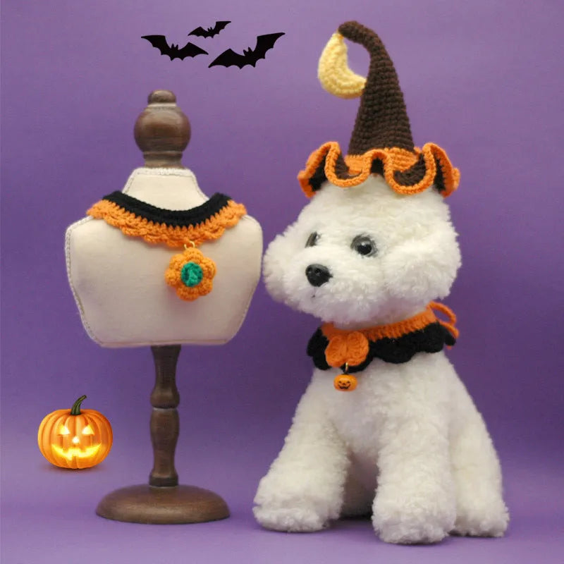 Hand crocheted wool Halloween pet collar for cats and dogs in pumpkin colours with adjustable sizing