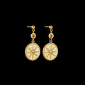Three pairs of stainless steel geometry earrings: a star design, an eye design, and a shell sun design.