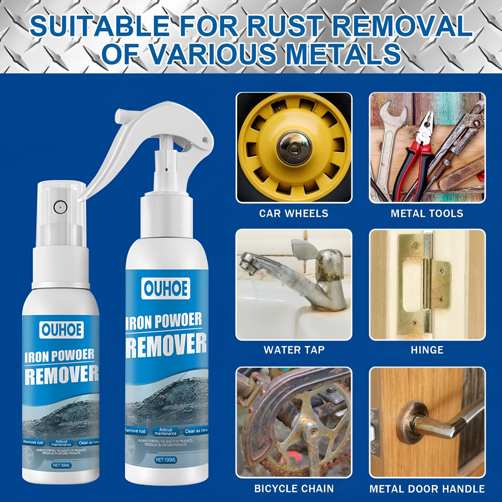 Car rust remover spray bottle with blue square sponge applicator for automotive iron powder treatment