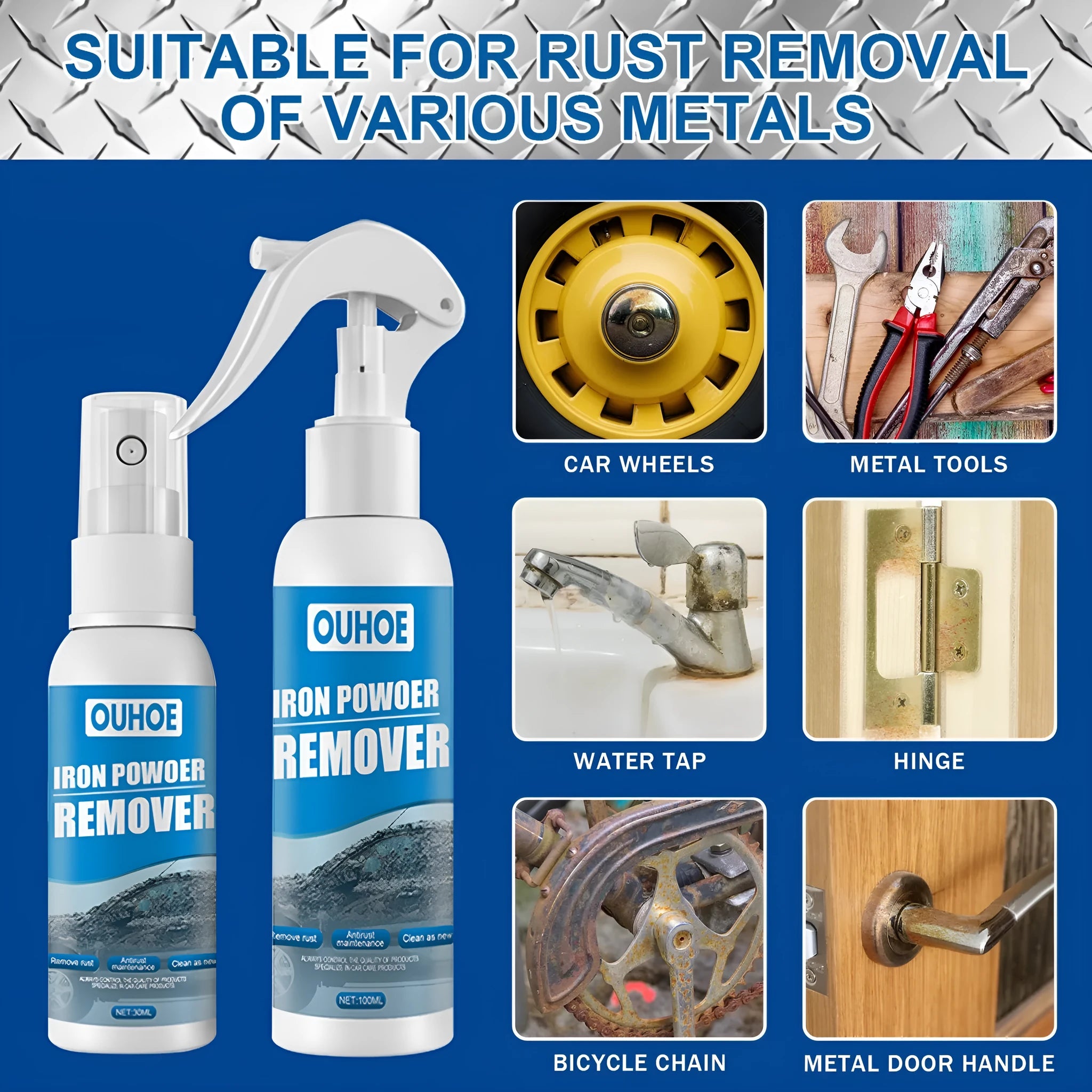 Car rust remover spray bottle with blue square sponge applicator for automotive iron powder treatment